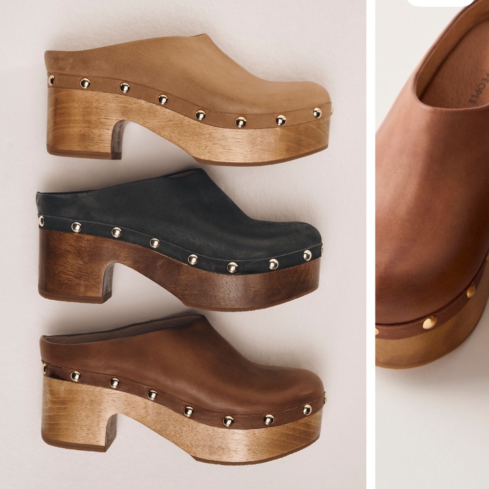 Free People Leather Studded Platform Clogs in Tan, Black, and Brown